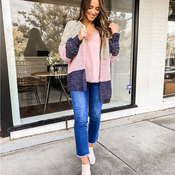 ☃️BOGO50%☃️🆕🩷HYFVE: SAGE/MAUVE/NAVY Color Block Chunky Knit Cardigan SM MED - Picture 3 of 4